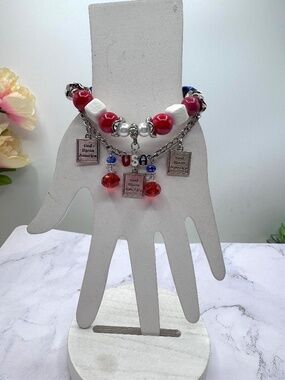 Patriotic USA Beaded Bracelet Set Red White Blue God Bless America Charm Set
